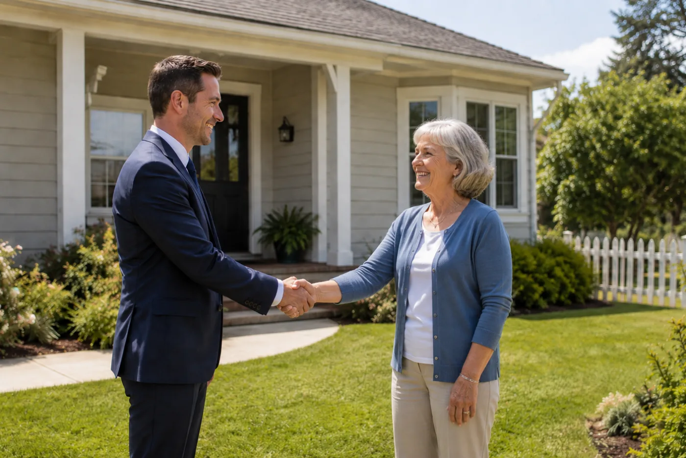 A C5 Property Ventures buyer shaking hands with a homeowner in front of her house